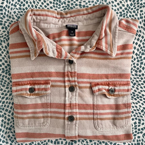 Patagonia Striped Shirt Jacket Top Sandstone & Rust Tones Organic Cotton Size 8 - Picture 2 of 15